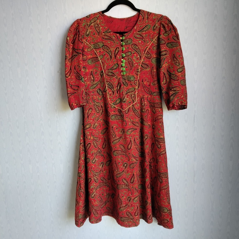 Vtg Handmade Women's Small Holiday Christmas Paisley Puff Sleeve Fit Flare Dress